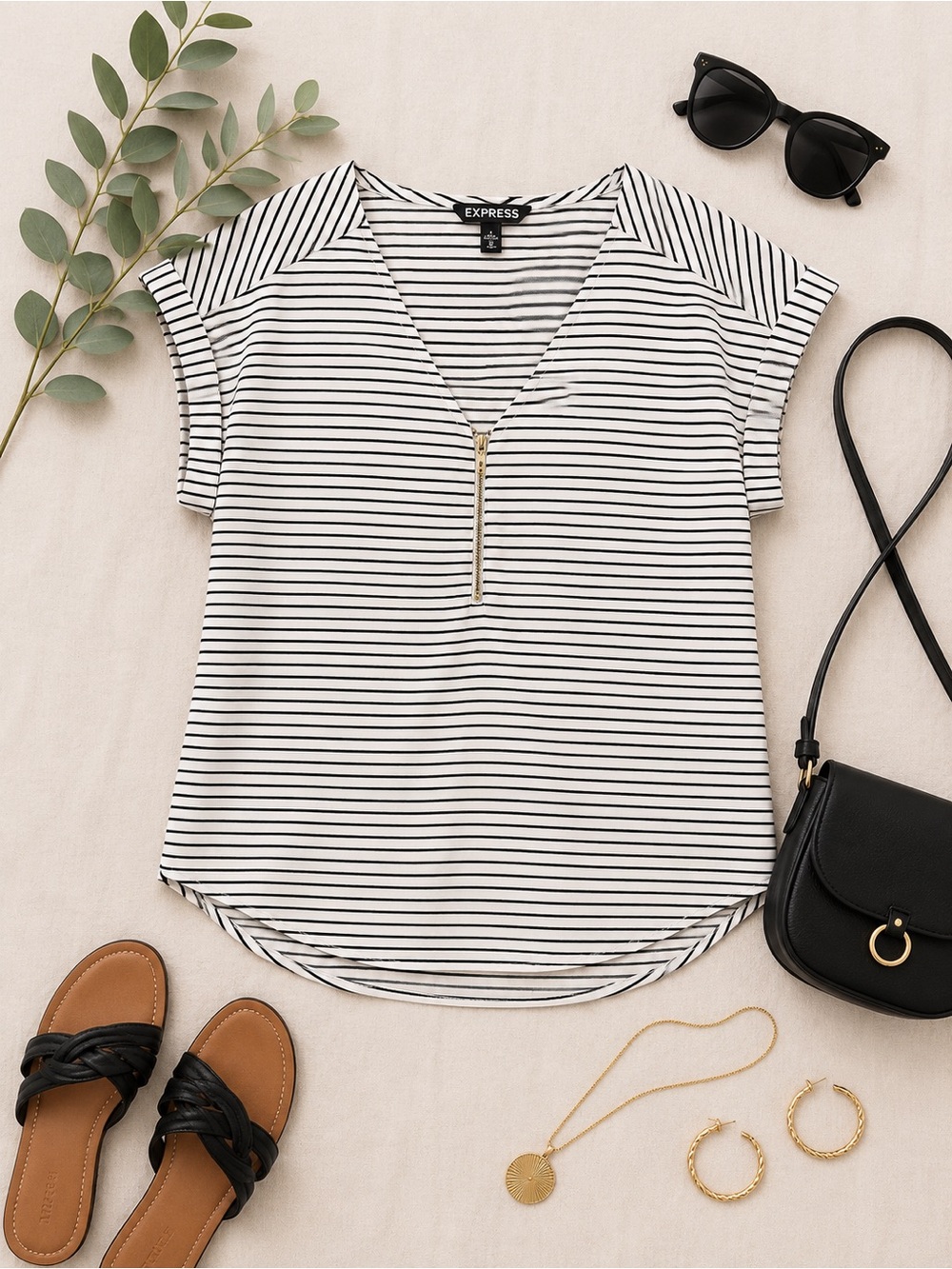 Express Black & White Striped Zip-Front Blouse Size Medium